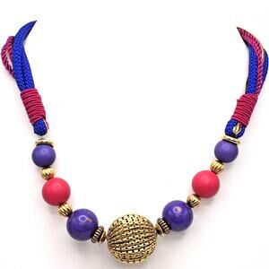 Pink Purple Gold Tone Cord Bead Choker Necklace Pierced Metal Pleated Statement